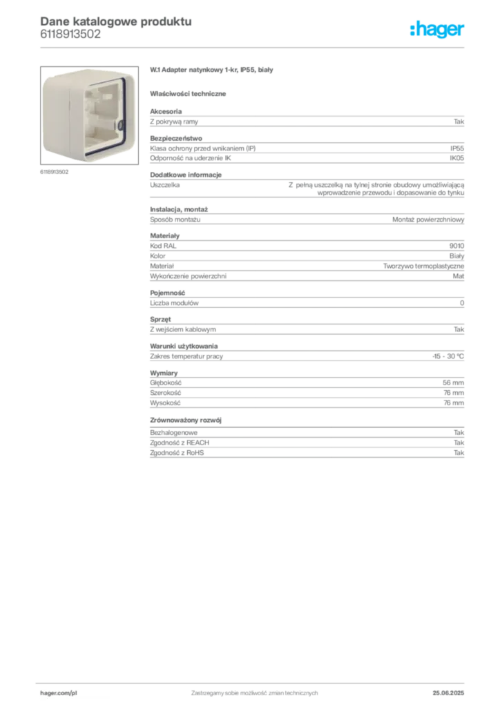 Zdjęcie Hager Karta katalogowa 6118913502 | Hager Polska