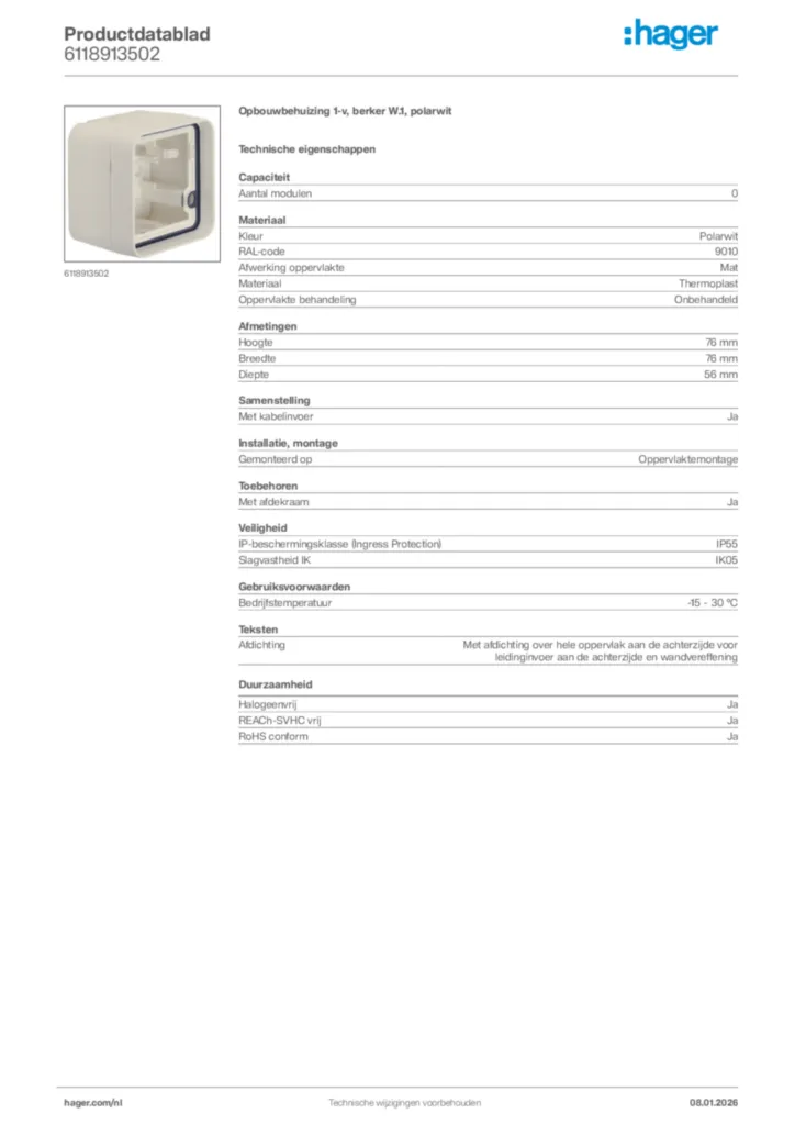 Afbeelding Hager Productdatablad 6118913502 | Hager Nederland