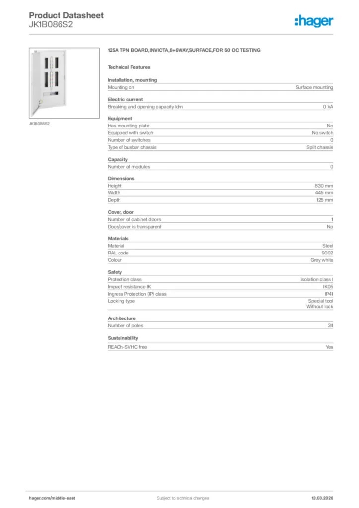 Image Hager Product data sheet JK1B086S2  | Hager