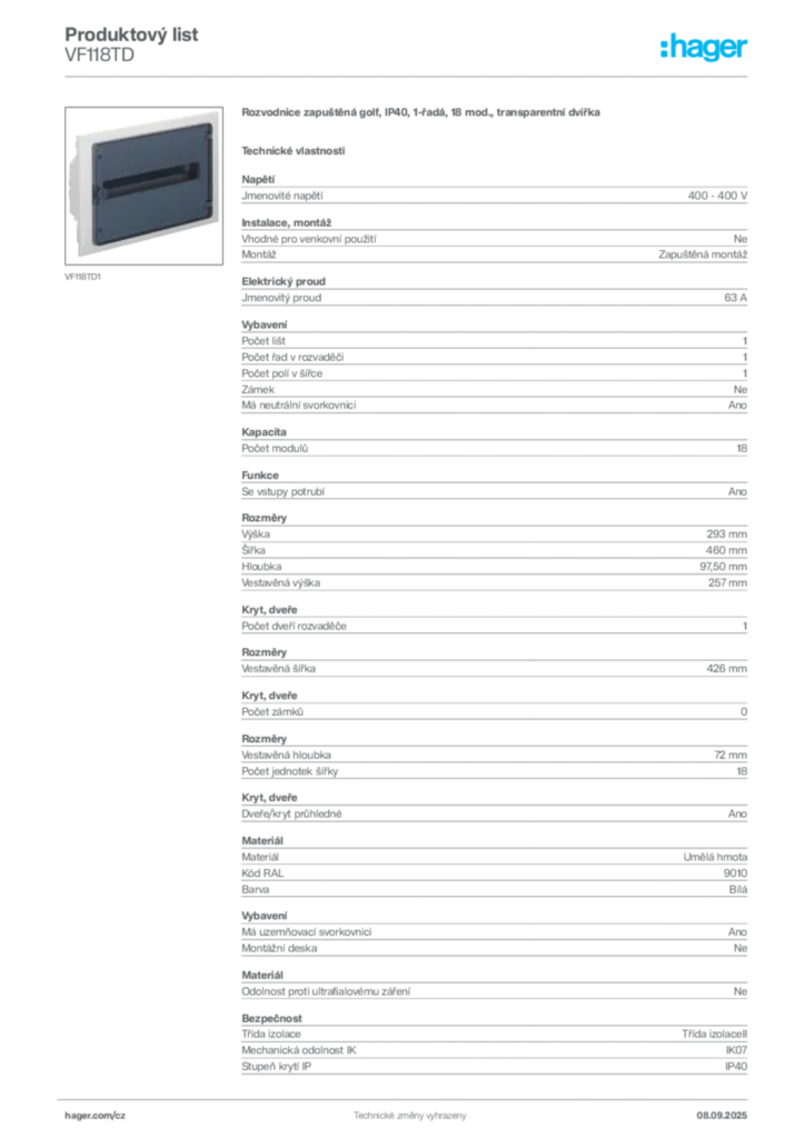Obrázek Hager Produktový list VF118TD | Hager