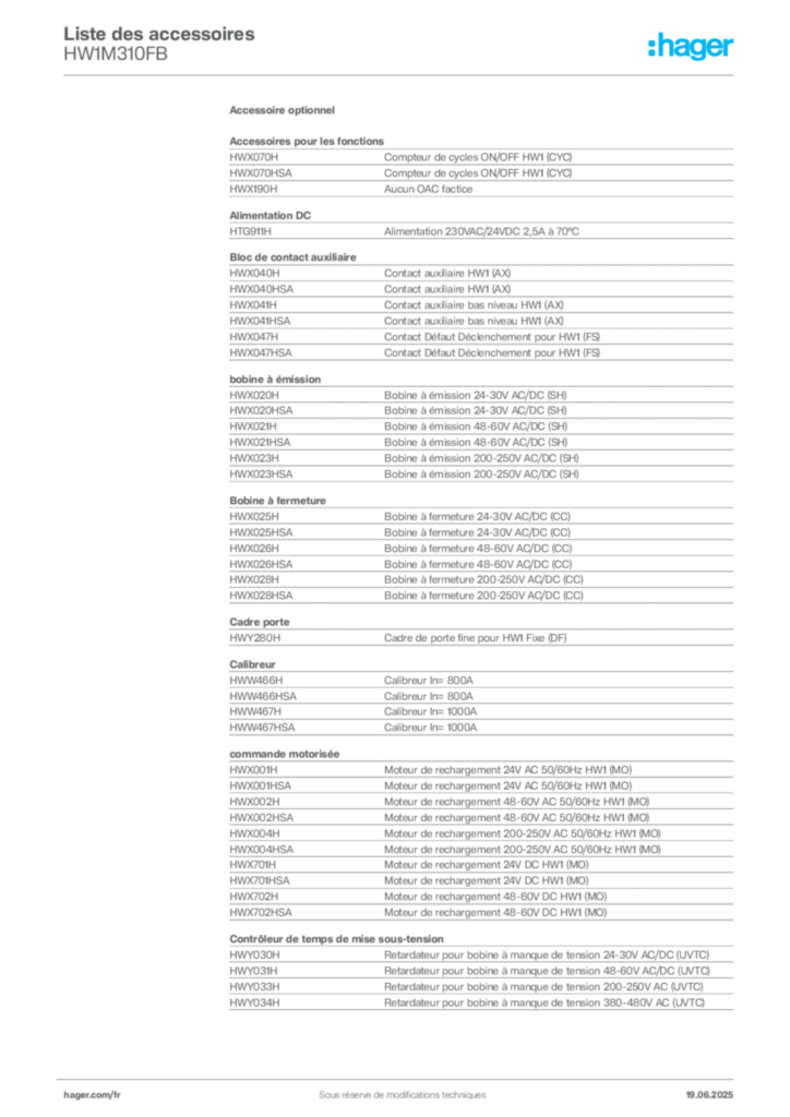 Image Hager Fiche technique du produit HW1M310FB | Hager France