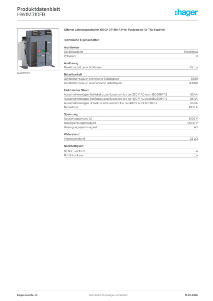 Bild Hager Produktdatenblatt HW1M310FB | Hager Schweiz