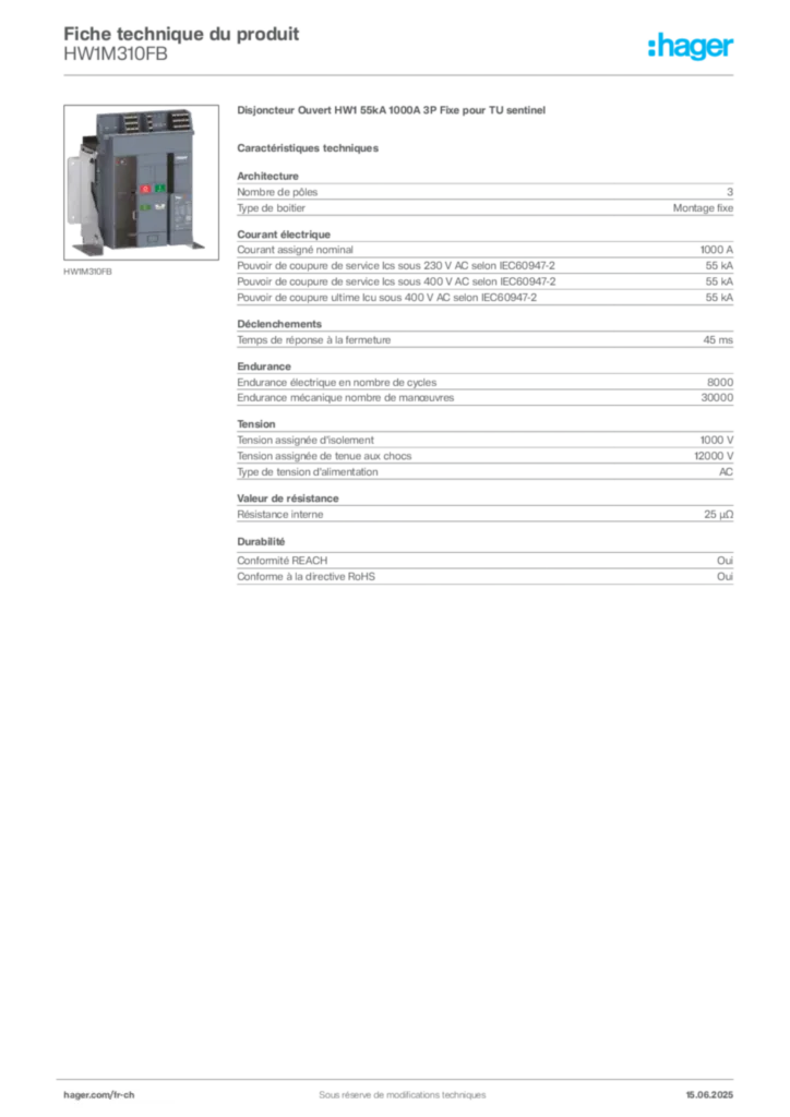Image Hager Fiche technique du produit HW1M310FB | Hager Suisse