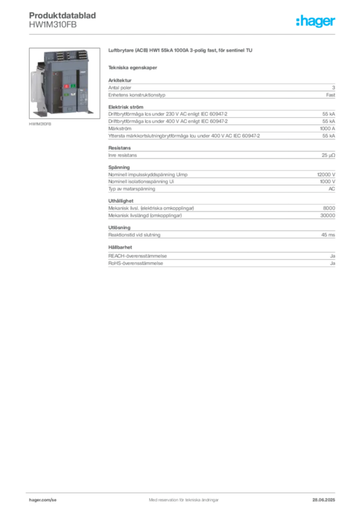 Bild Hager Produktdatablad HW1M310FB | Hager Sverige