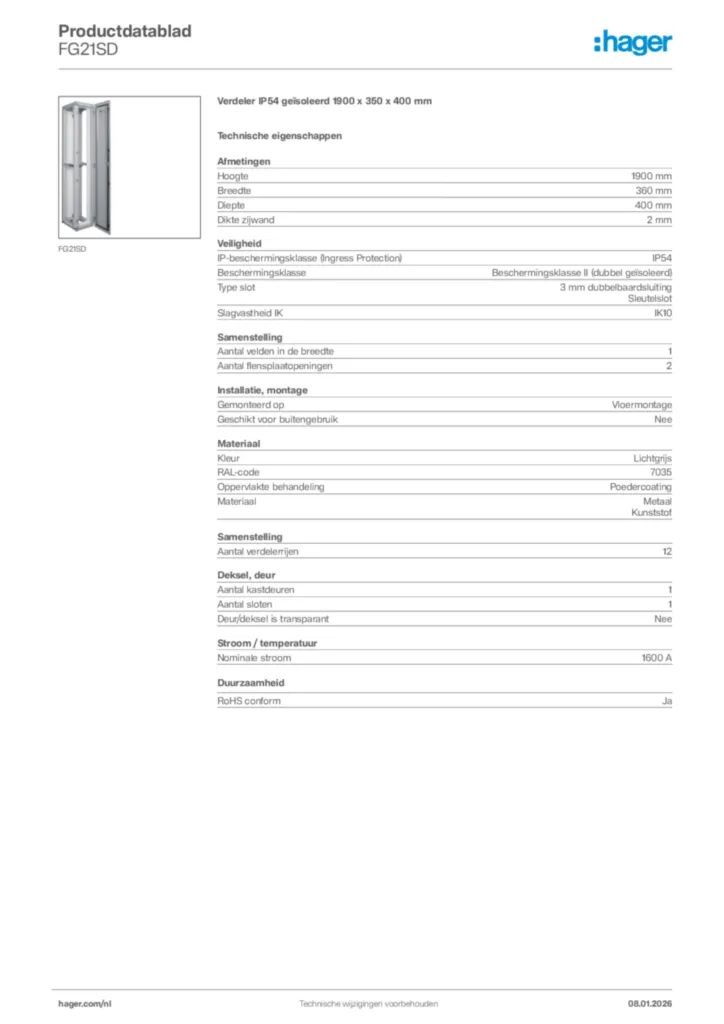 Afbeelding Hager Productdatablad FG21SD | Hager Nederland