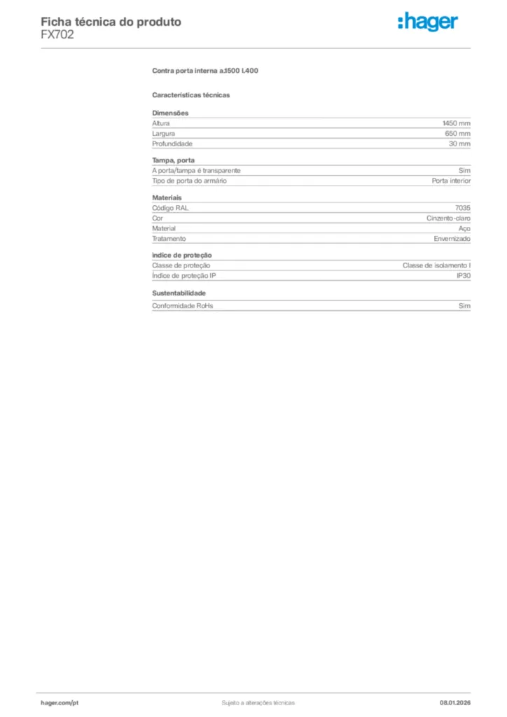 Imagem Hager Ficha técnica do produto FX702 | Hager Portugal