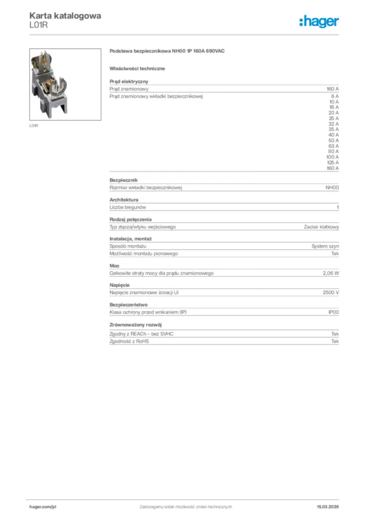 Zdjęcie Hager Karta katalogowa L01R | Hager Polska