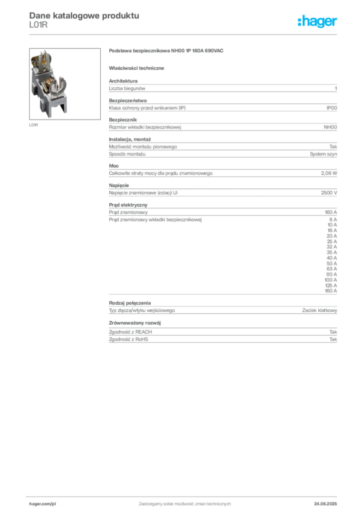 Zdjęcie Hager Karta katalogowa L01R | Hager Polska