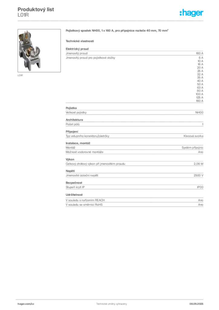 Obrázek Hager Produktový list L01R | Hager