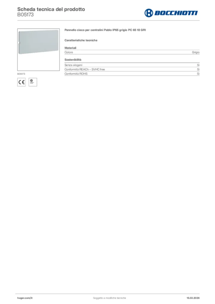 Immagine Bocchiotti Scheda tecnica del prodotto B05173 | Hager Italia