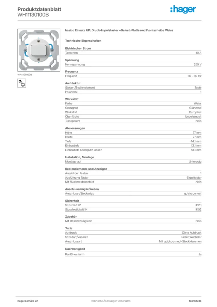 Bild Hager Produktdatenblatt WH11130100B | Hager Schweiz