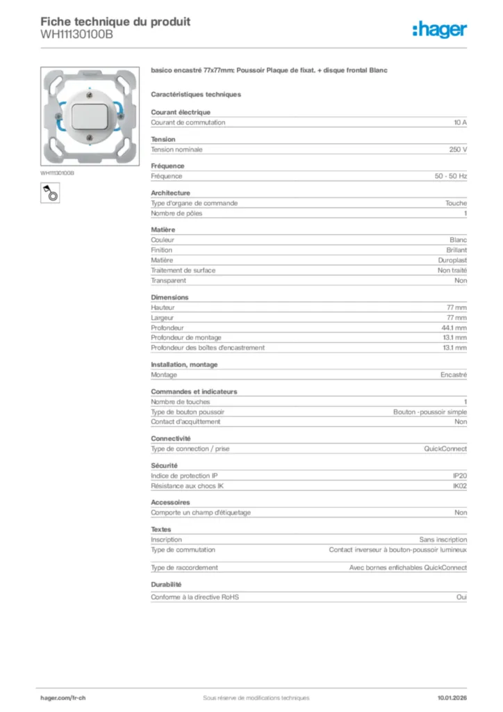 Image Hager Fiche technique du produit WH11130100B | Hager Suisse