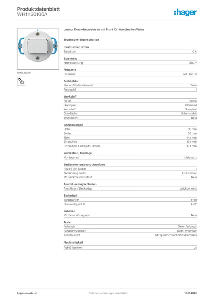Bild Hager Produktdatenblatt WH11130100A | Hager Schweiz