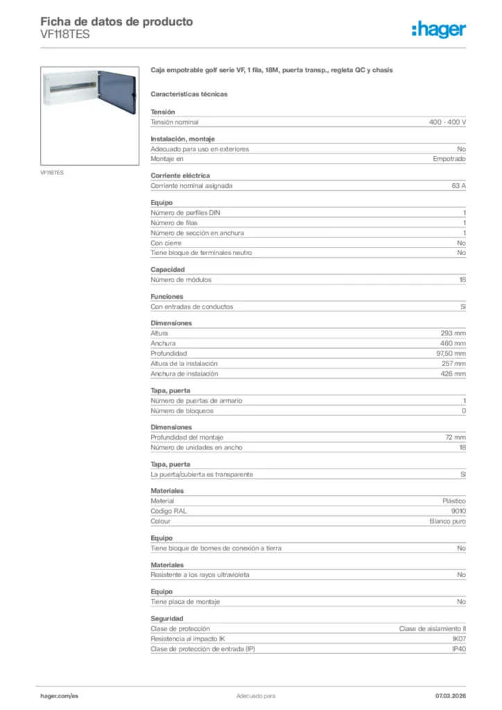 Imagen Hager Ficha de datos de producto VF118TES | Hager España