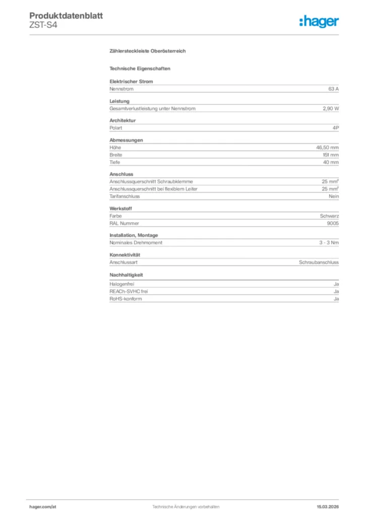 Bild Hager Produktdatenblatt ZST-S4 | Hager Deutschland
