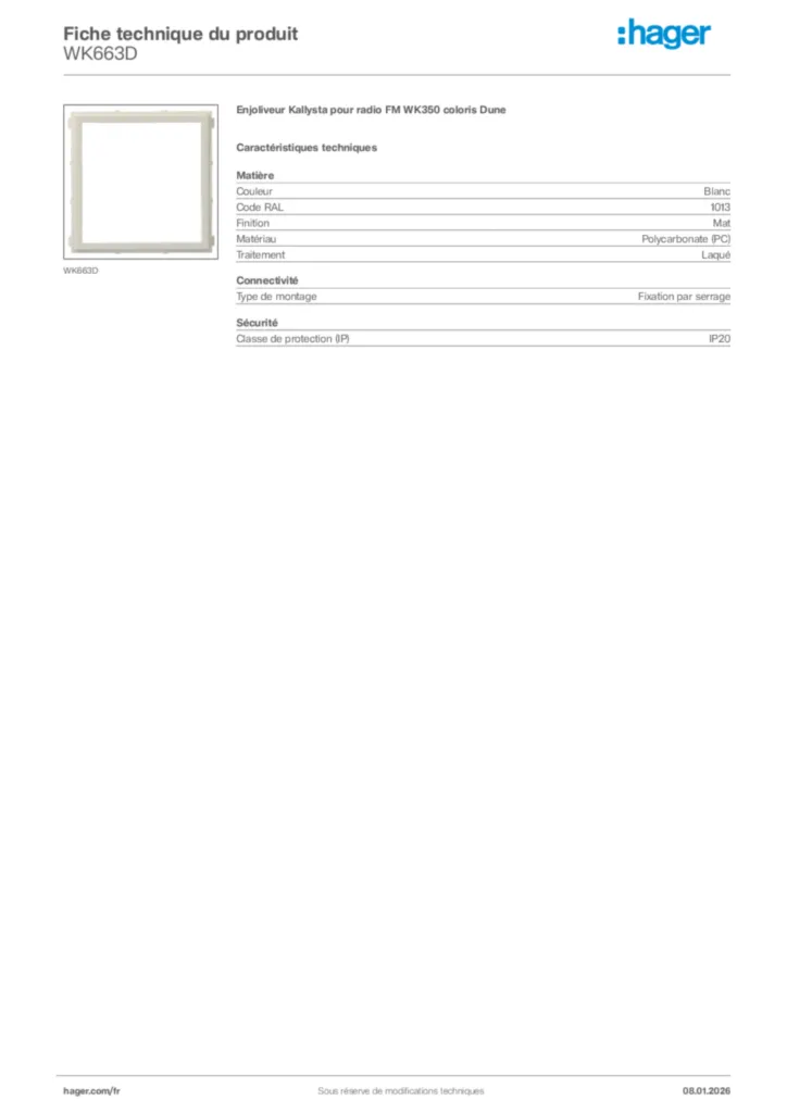 Image Hager Fiche technique du produit WK663D | Hager France