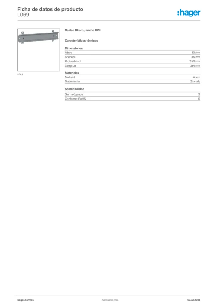 Imagen Hager Ficha de datos de producto L069 | Hager España