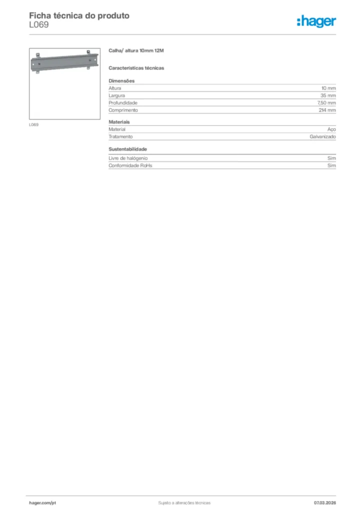 Imagem Hager Ficha técnica do produto L069 | Hager Portugal