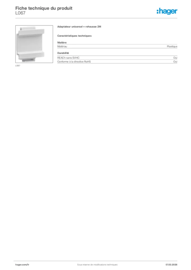 Image Hager Fiche technique du produit L067 | Hager France