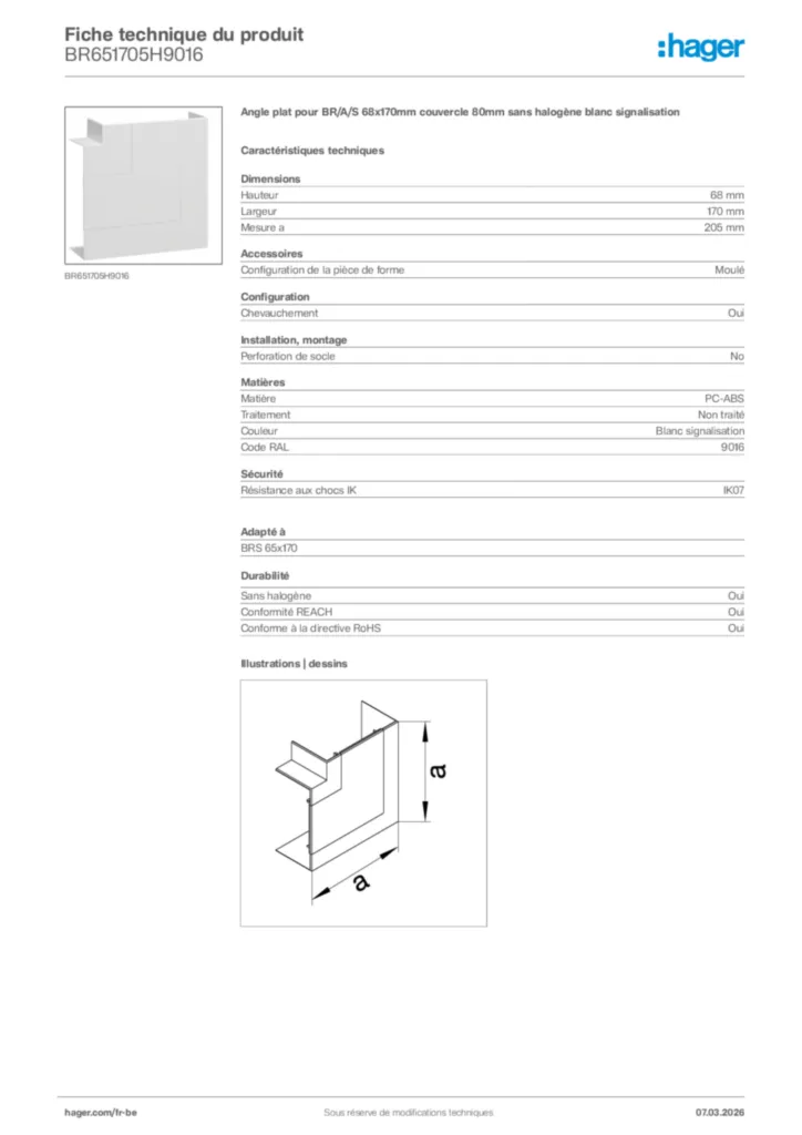 Image Hager Fiche technique du produit BR651705H9016 | Hager Belgique