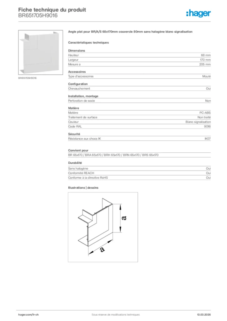Image Hager Fiche technique du produit BR651705H9016 | Hager Suisse
