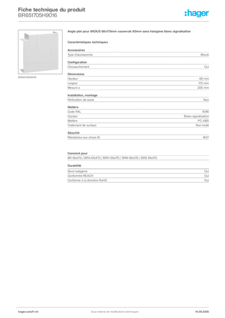 Image Hager Fiche technique du produit BR651705H9016 | Hager Suisse