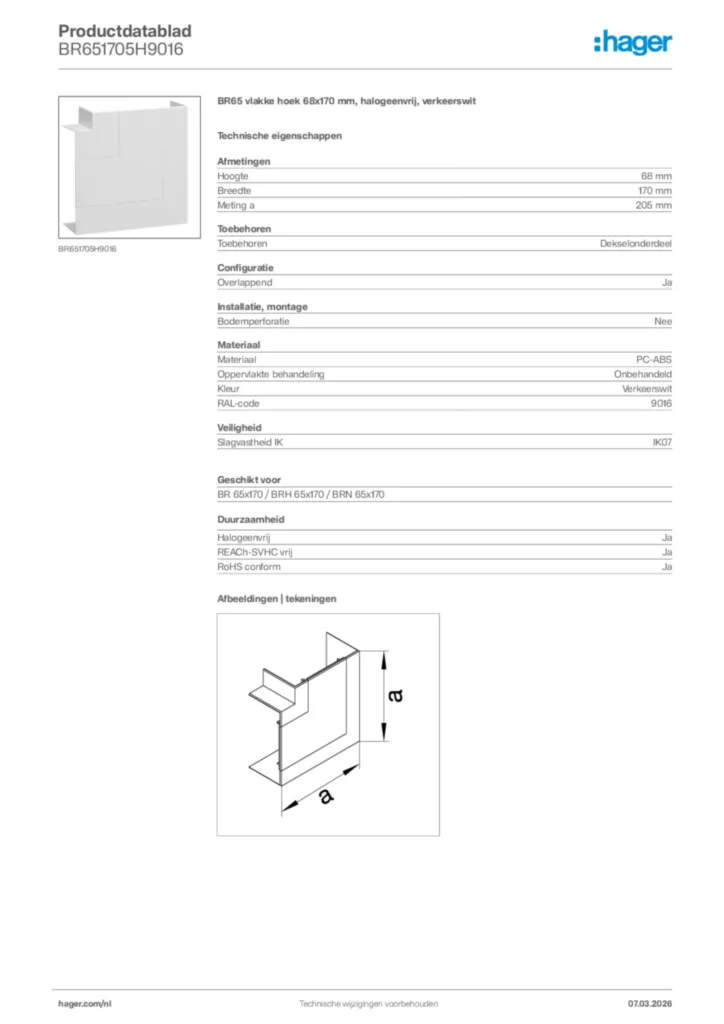 Afbeelding Hager Productdatablad BR651705H9016 | Hager Nederland