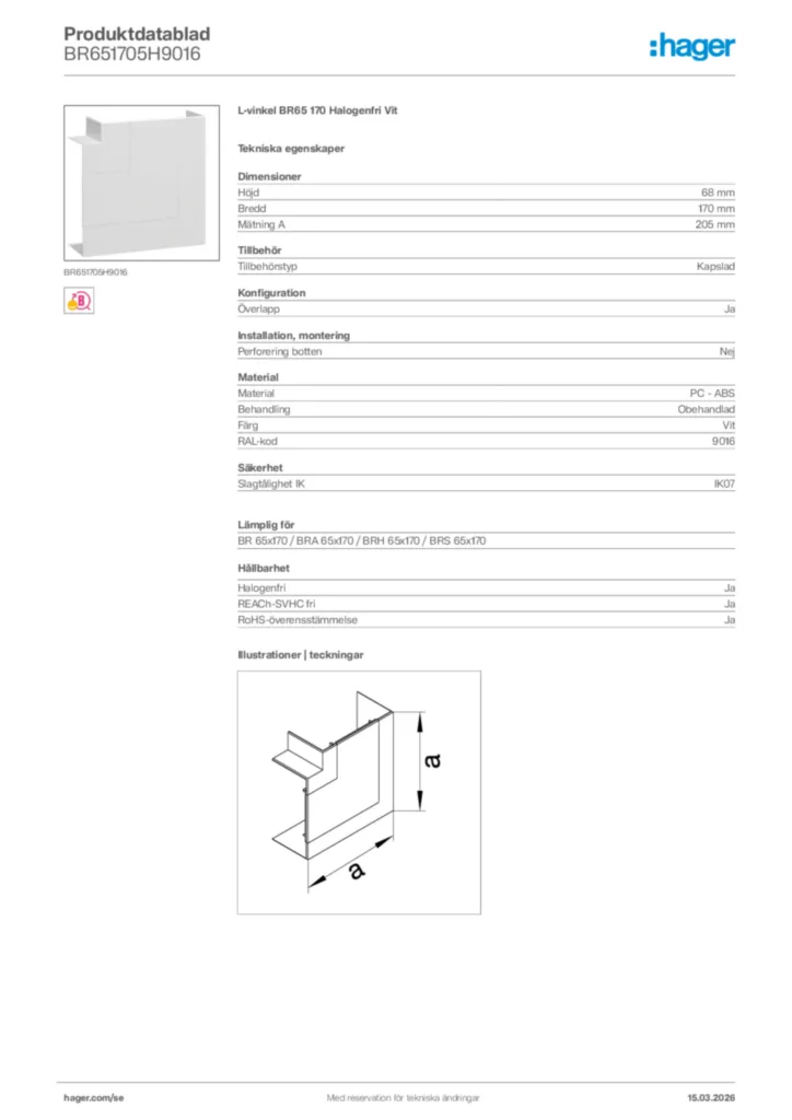 Bild Hager Produktdatablad BR651705H9016 | Hager Sverige