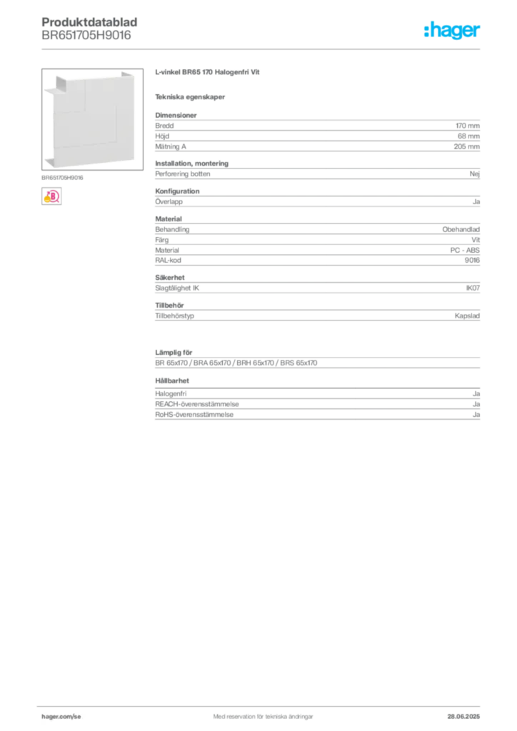 Bild Hager Produktdatablad BR651705H9016 | Hager Sverige