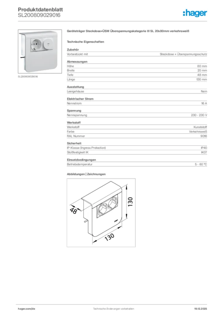 Bild Hager Produktdatenblatt SL200809029016 | Hager Deutschland