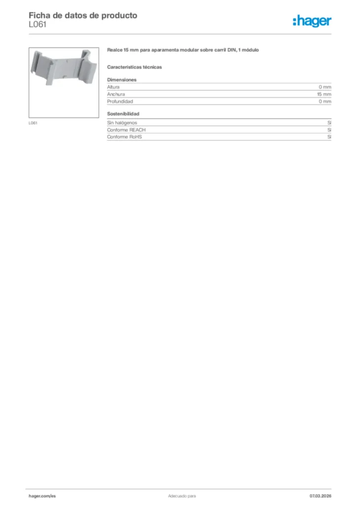 Imagen Hager Ficha de datos de producto L061 | Hager España