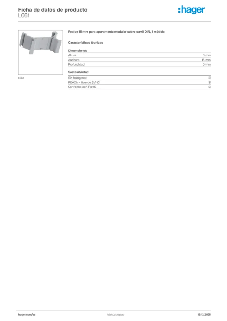 Imagen Hager Ficha de datos de producto L061 | Hager España