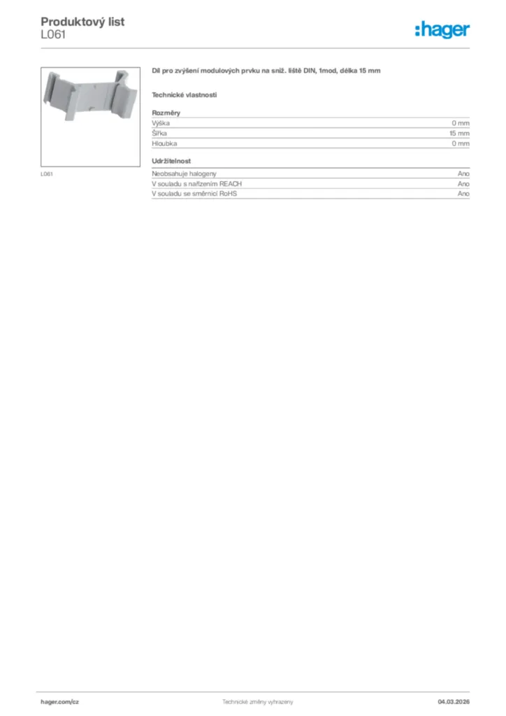Obrázek Hager Product data sheet L061 | Hager