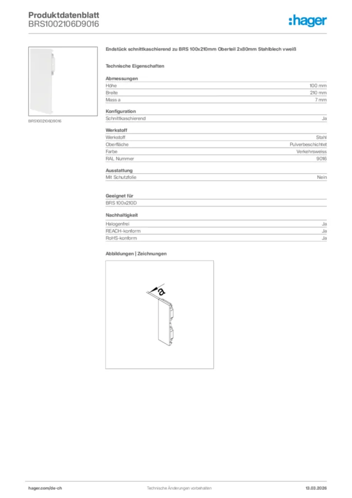 Bild Hager Produktdatenblatt BRS1002106D9016 | Hager Schweiz