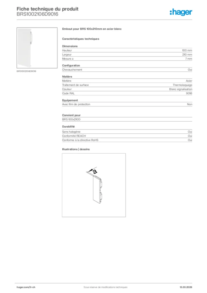 Image Hager Fiche technique du produit BRS1002106D9016 | Hager Suisse