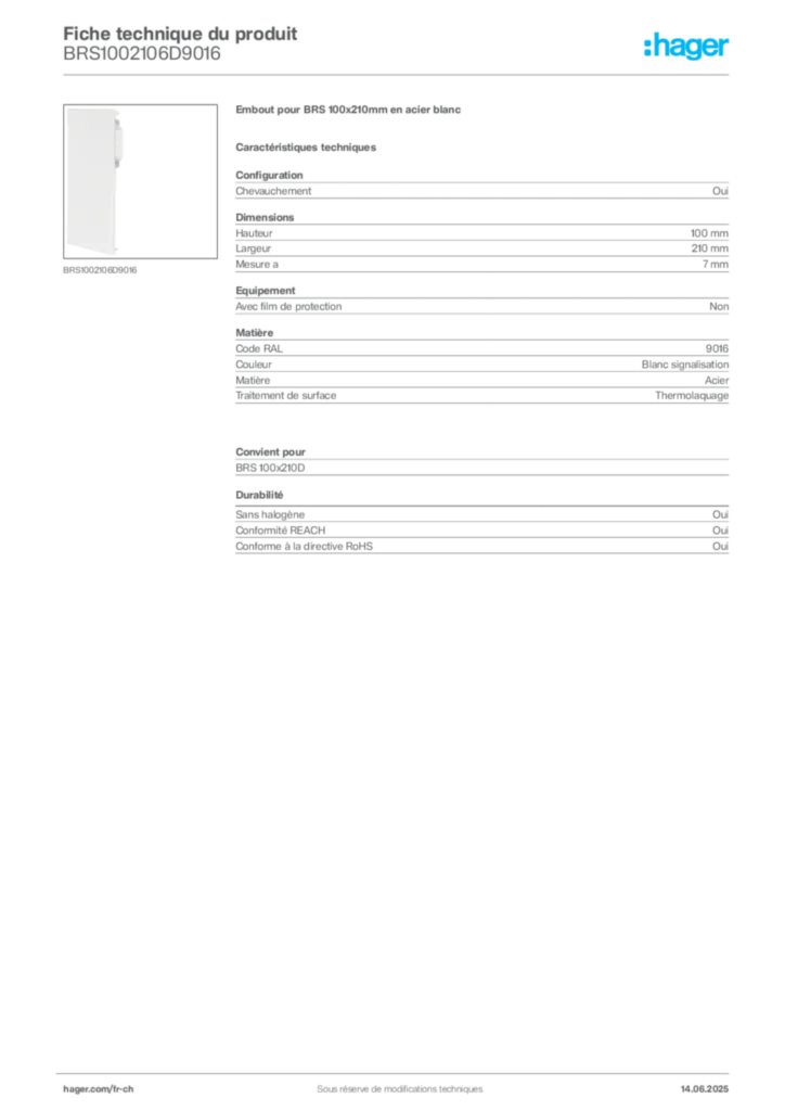 Image Hager Fiche technique du produit BRS1002106D9016 | Hager Suisse