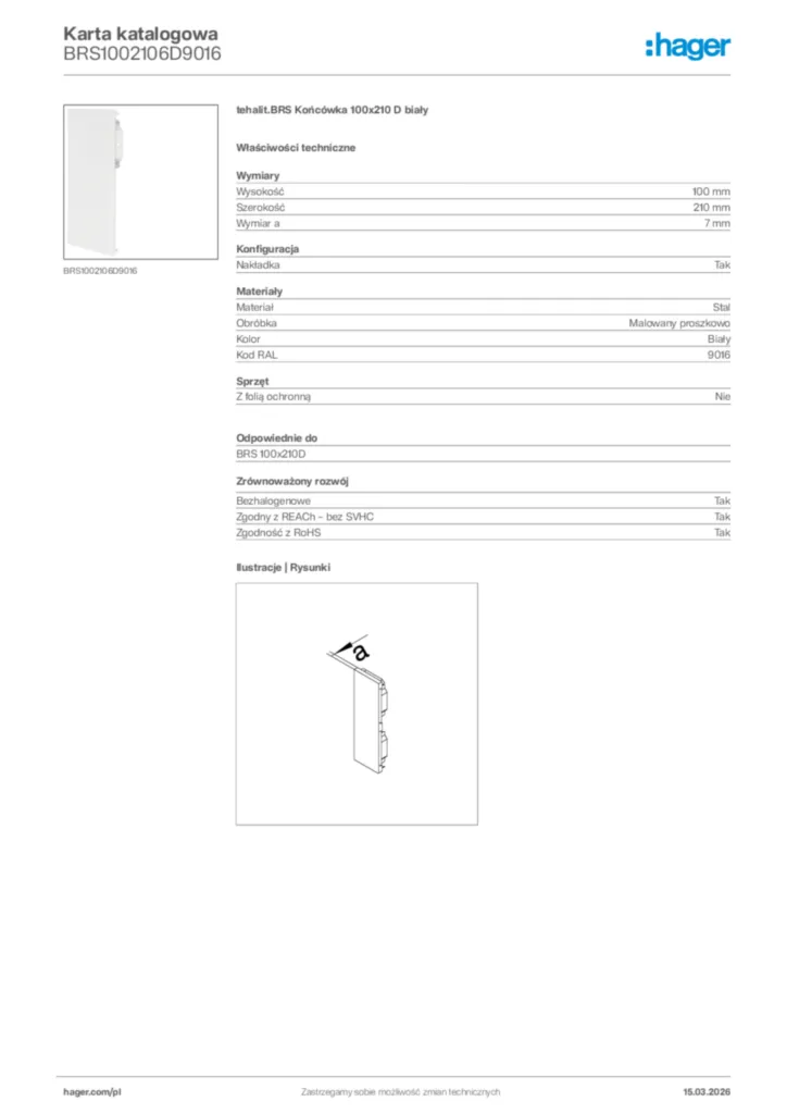 Zdjęcie Hager Karta katalogowa BRS1002106D9016 | Hager Polska
