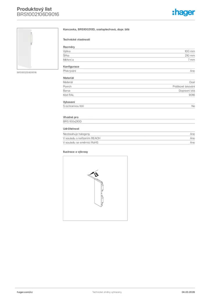Obrázek Hager Product data sheet BRS1002106D9016 | Hager
