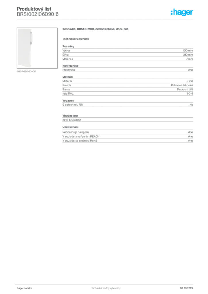 Obrázek Hager Produktový list BRS1002106D9016 | Hager