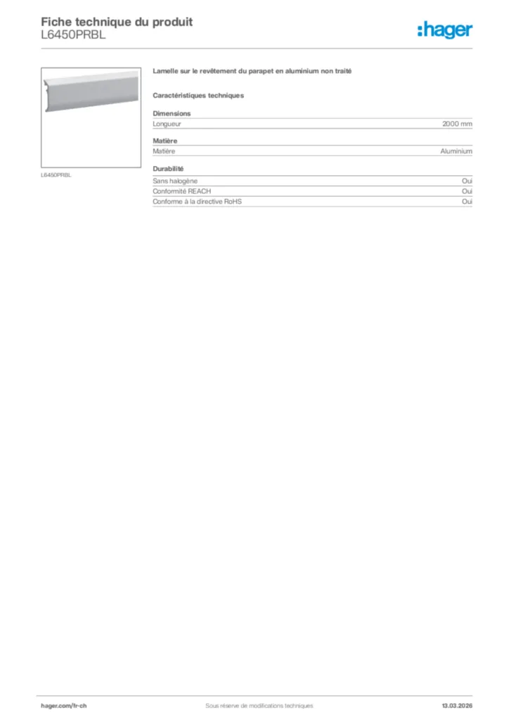 Image Hager Fiche technique du produit L6450PRBL | Hager Suisse