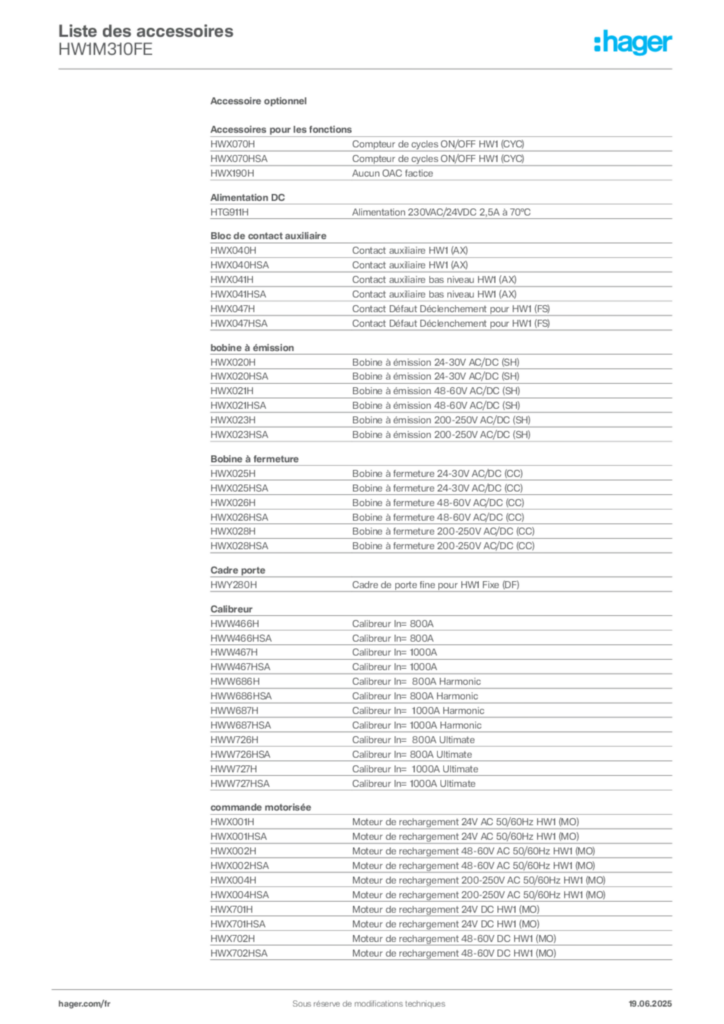 Image Hager Fiche technique du produit HW1M310FE | Hager France