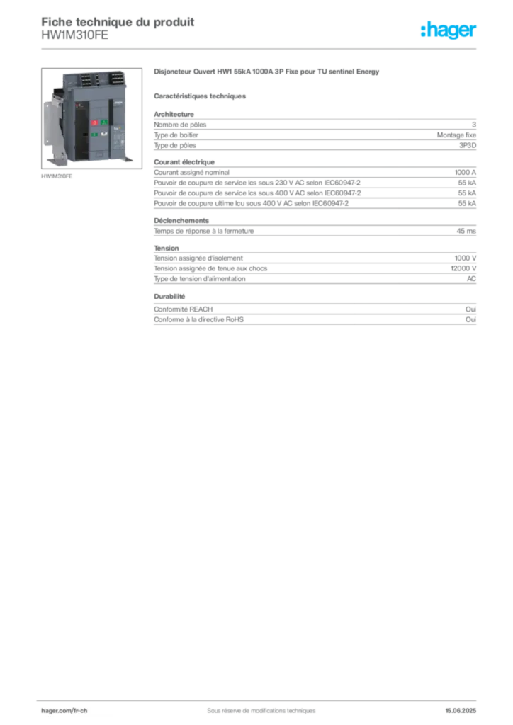 Image Hager Fiche technique du produit HW1M310FE | Hager Suisse