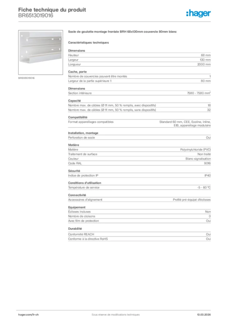 Image Hager Fiche technique du produit BR6513019016 | Hager Suisse