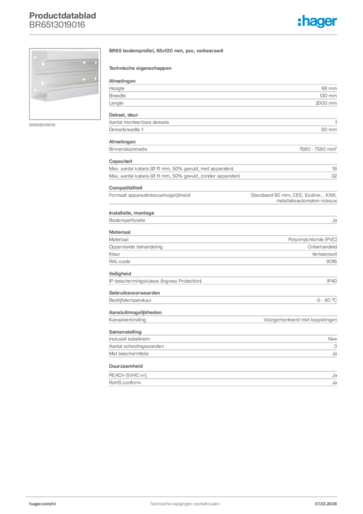 Afbeelding Hager Productdatablad BR6513019016 | Hager Nederland