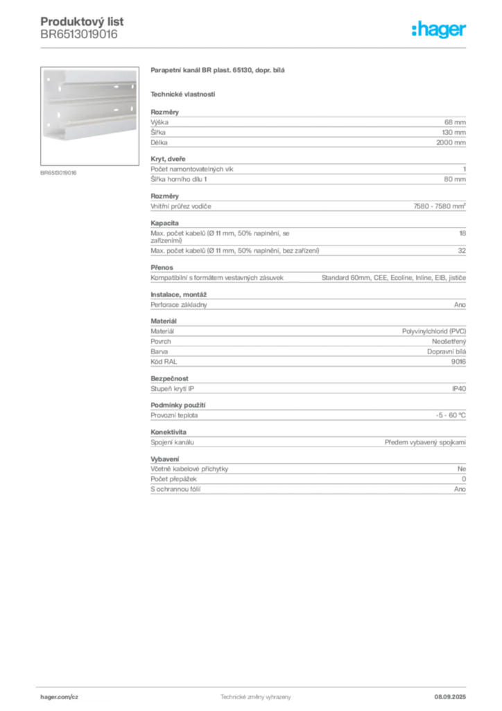 Obrázek Hager Produktový list BR6513019016 | Hager