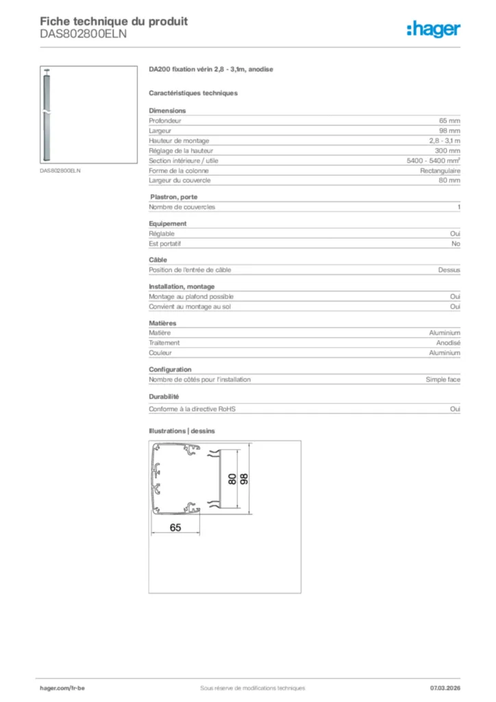 Image Hager Fiche technique du produit DAS802800ELN | Hager Belgique