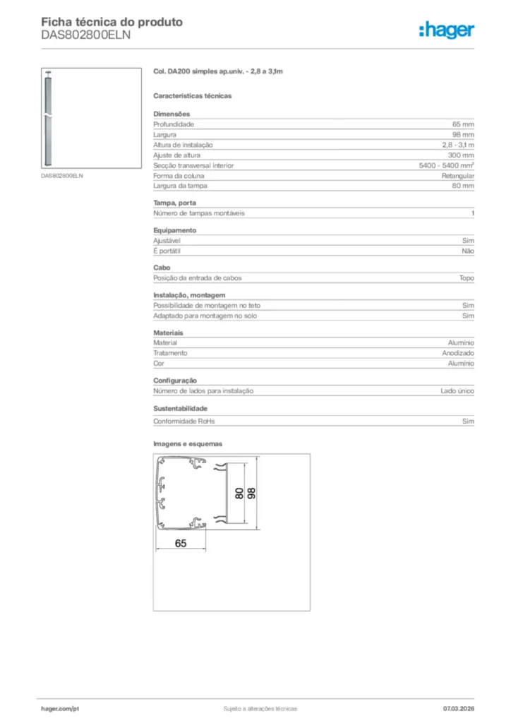 Imagem Hager Ficha técnica do produto DAS802800ELN | Hager Portugal