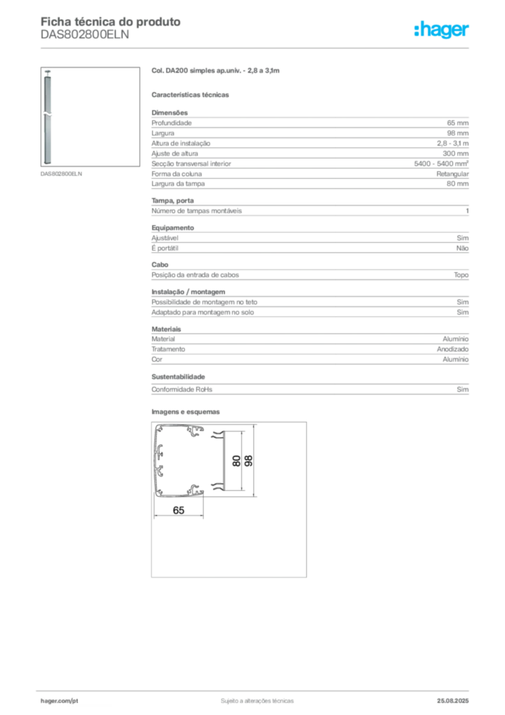Imagem Hager Ficha técnica do produto DAS802800ELN | Hager Portugal