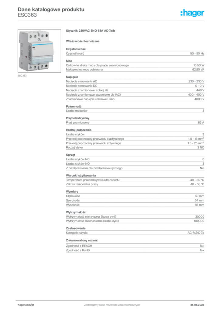 Zdjęcie Hager Product data sheet ESC363 | Hager Polska