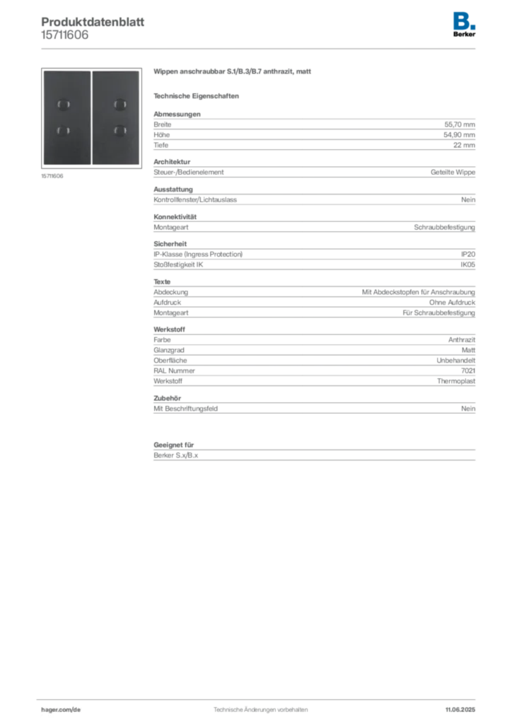 Bild Berker Produktdatenblatt 15711606 | Hager Deutschland